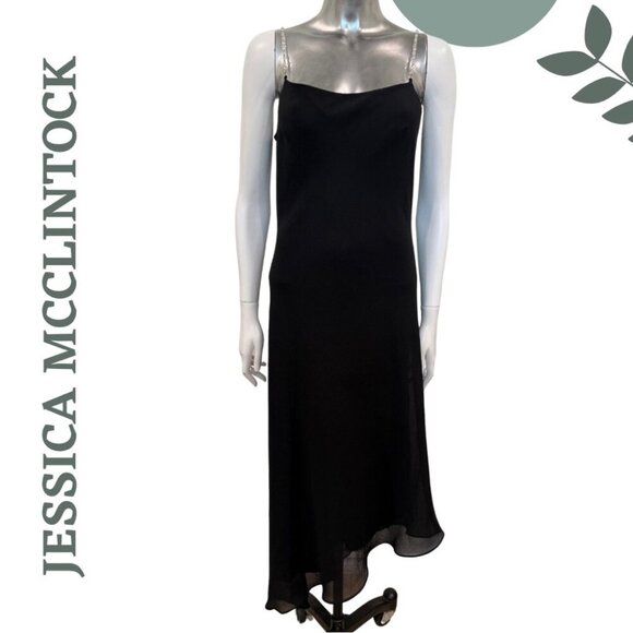 Jessica McClintock Black Evening Slip Dress w/ Crystal Beaded Straps - Size 10 - Picture 1 of 6